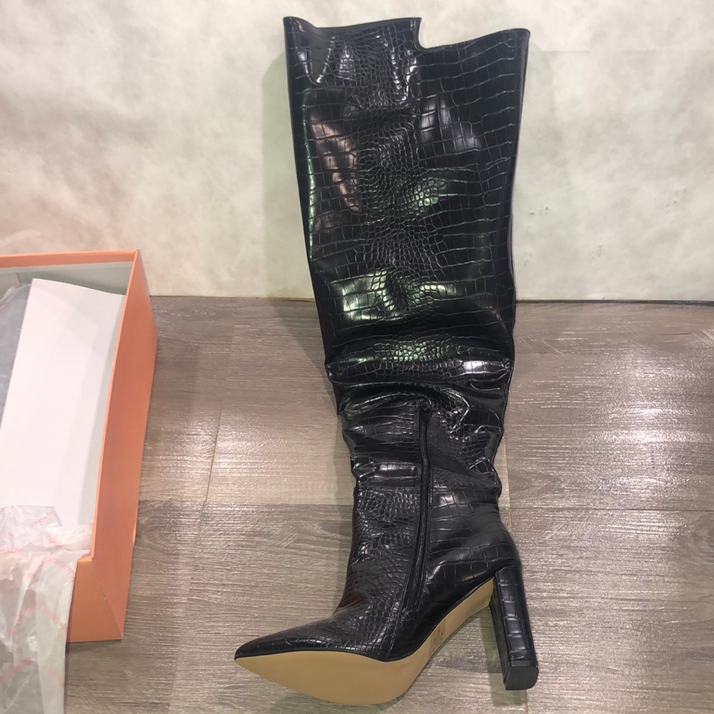 Lemonade Croc Black Over the Knee Boots with High Block Heel New